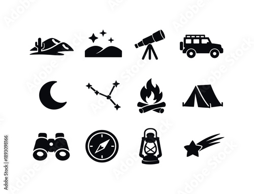 Desert Stargazing Icons. Desert Stargazing Safaris. Solid icon set of Desert Stargazing Safaris: desert dunes, night sky stars, telescope, safari jeep,