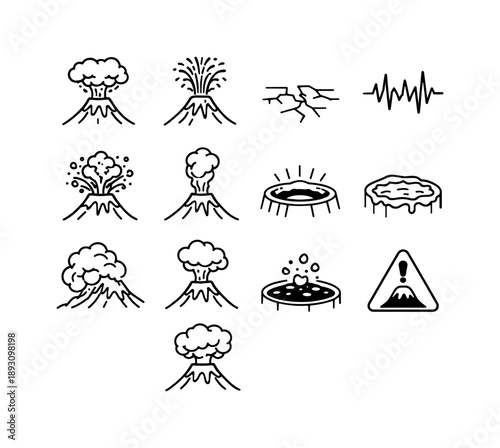 Volcanic Activity Icons. Volcanic Activity. Line icon set of Volcanic Activity: ash eruption, lava fountain, ground fissure, seismic tremor lines, volcanic