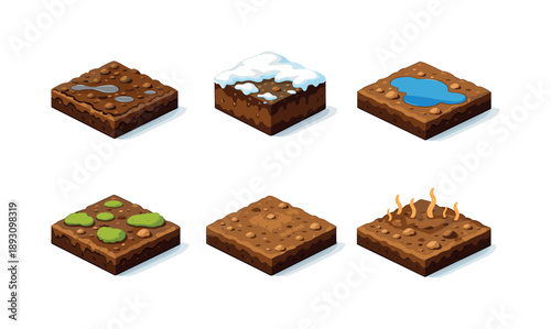 Early Spring Icons. EarlySpring. Isometric flat vector icons set of early spring: damp soil tile, thawed earth block, ground with puddle, soil with moss spots,