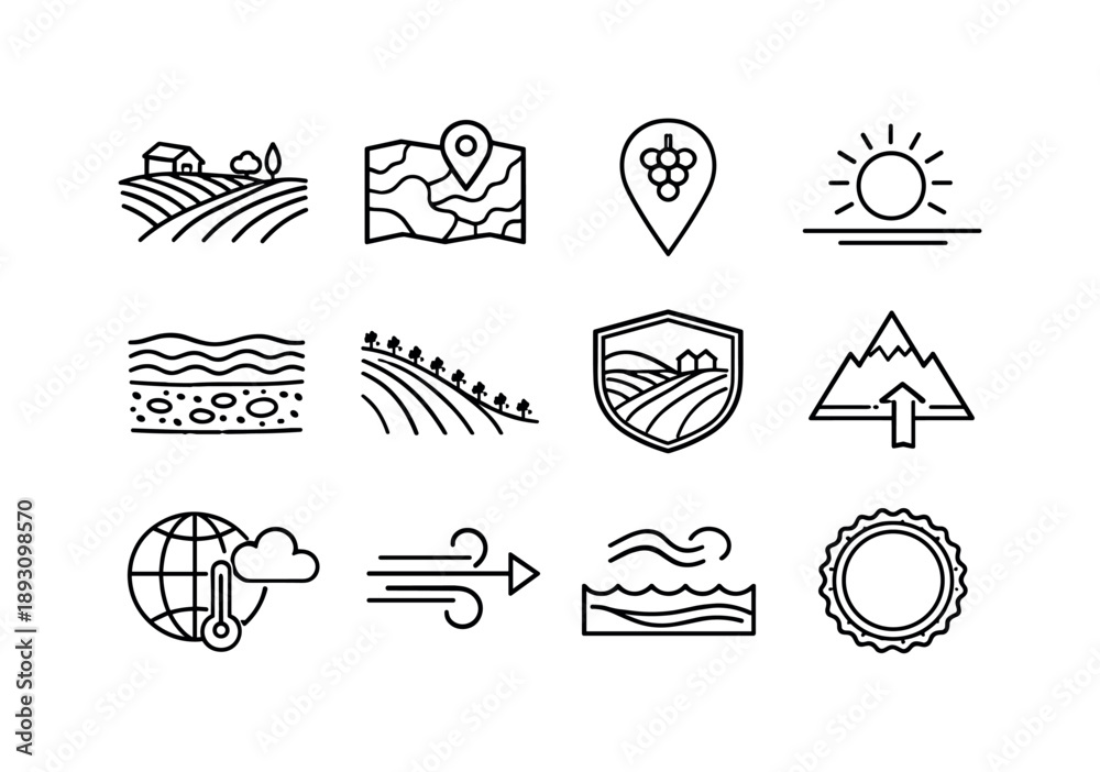 Fototapeta premium Wine Region Icons. Wine regions. Line icon set of Wine regions: vineyard hills, terroir map, grape variety marker, sun exposure icon, soil layers, vineyard