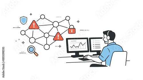 Network Security Surveillance. Network security monitoring. Professional observing connected nodes and warning icons, focused supervision and stability. Clean