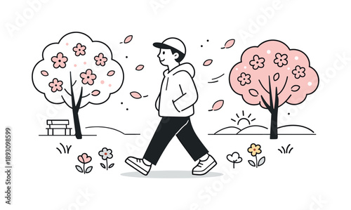 Spring Stroll Bliss. Walking in spring park. A person strolling among blossoming trees with petals floating gently through the air. The illustration conveys