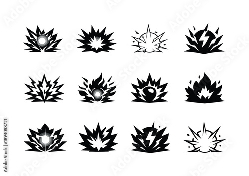 Power Surge Emblems. Power surge metaphor. Icon set. Set Logo of power surge metaphor: energy core explosion. harmonious logo variations of the same emblematic