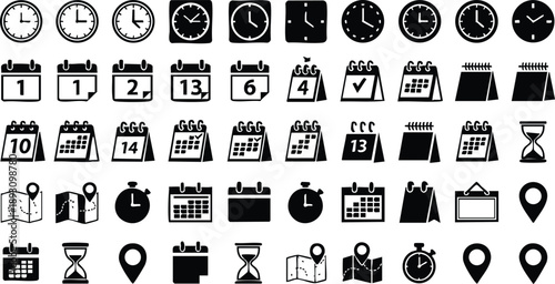 Black and white vector icon set featuring clocks calendars timers maps location pins and hourglass symbols for time management and planning graphics