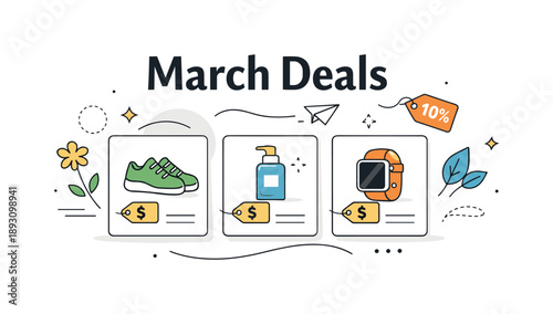 March Deals Banner. March deals marketing banner. A clean editorial banner with bold text like ?March Deals? and simple product cards, light abstract shapes