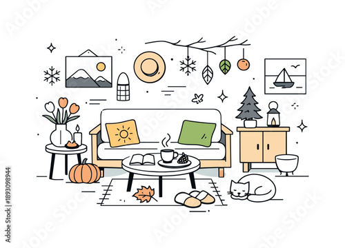 Seasonal Harmony Decor. Seasonal home decor year round harmony. A conceptual editorial scene combining subtle elements of all four seasons in one balanced