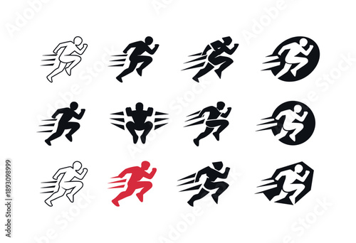HIIT Workout Icons. HIIT workout. Icon set. Set Logo of HIIT workout: athlete jumping with motion lines. harmonious logo variations of the same emblematic