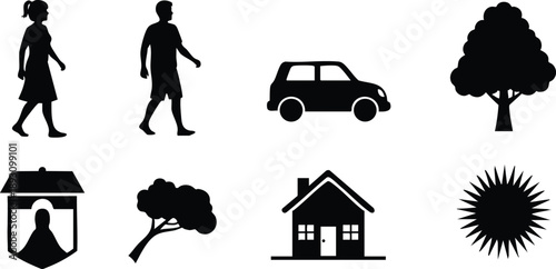 Silhouettes of walking man and woman with car tree house icons arranged in simple black vector design in clean isolated style with minimal details and crisp shapes