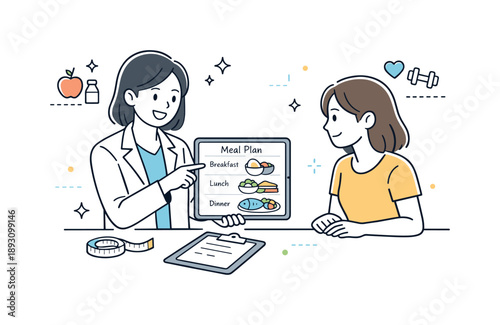 Nutrition Planning Session. Nutrition consultation planning. Specialist pointing at a simple meal plan on a tablet while the client listens. Clear explanation