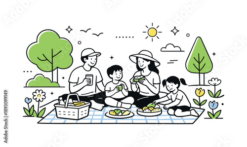 Peaceful Family Picnic. Family picnic nature environment. A scene showing trees, grass, and flowers surrounding a family enjoying a picnic, emphasizing harmony
