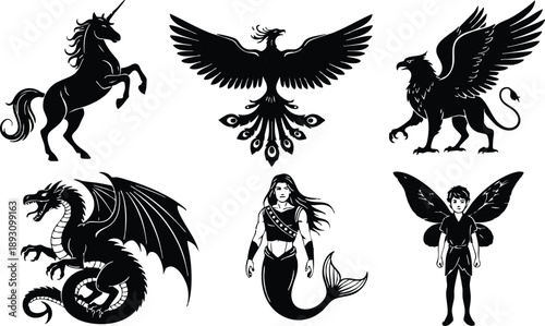 Black silhouette mythical creatures set with unicorn rearing phoenix spreading wings gryphon standing dragon coiled mermaid female and fairy boy with wings isolated on white background