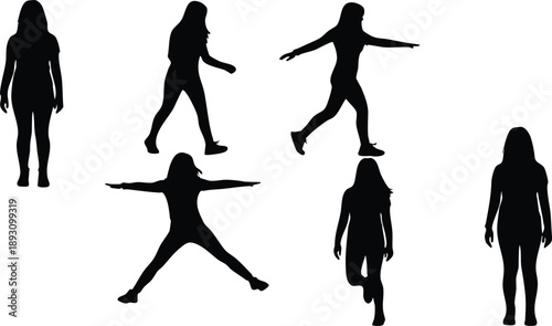 Black silhouette vector set of female figures in various walking jumping and standing poses isolated on white background diverse body positions dynamic motion illustration