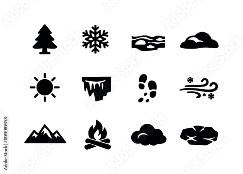 Winter Outdoor Icons. Outdoor winter icons. Solid icon set of outdoor winter icons: pine tree, snowflake, frozen river, snow drift, winter sun, icy cliff, snow