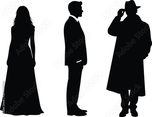 Black silhouette trio standing side by side with man in hat tipping cap woman in long dress and man in suit facing sideways minimalist vector art