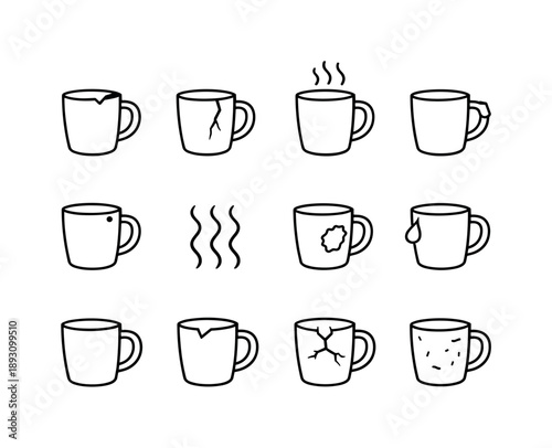 Chipped Mug Icons. Chipped coffee mug. Line icon set of chipped coffee mug: chipped top edge, cracked ceramic line, mug with steam, broken handle tip, tiny