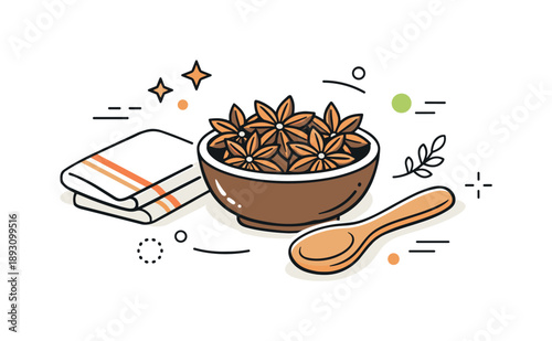 Cozy Kitchen Elements. Star anise spices. A small bowl filled with star anise next to a spoon and folded cloth. Cozy kitchen atmosphere, quiet preparation, and