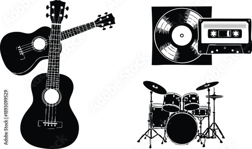 Black silhouette vector art of acoustic ukulele instruments drum kit vinyl record and cassette tape music equipment collection in minimal style