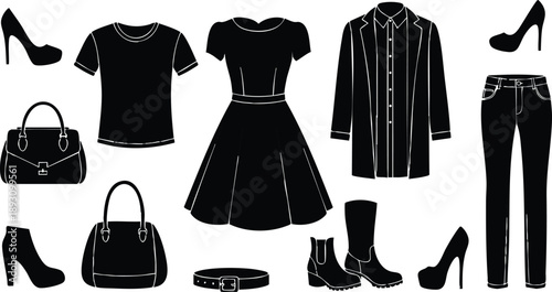 Black silhouette vector art showing various clothing items including high heels boots dress jeans t shirt handbags belt and jacket in simple isolated style on white background