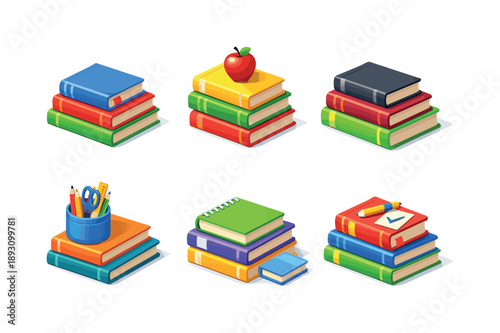 Colorful Book Icons. Education books. Isometric flat vector icons set of education books: textbooks stack, school books pile, academic book stack, books with
