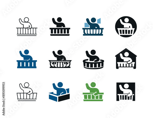 Balcony Greeting Icons. Waving from a balcony. Icon set. Set Logo of Waving from a balcony: greeting gesture. harmonious logo variations of the same emblematic