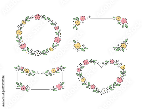 Spring Floral Wreath. Flower wreath editorial illustration. Minimal floral elements forming gentle borders and frames, suggesting spring decoration and