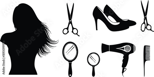 Silhouette vector art of flowing hair with hairdressing scissors high heels hand mirrors hair dryer and comb in black and white style isolated on white background