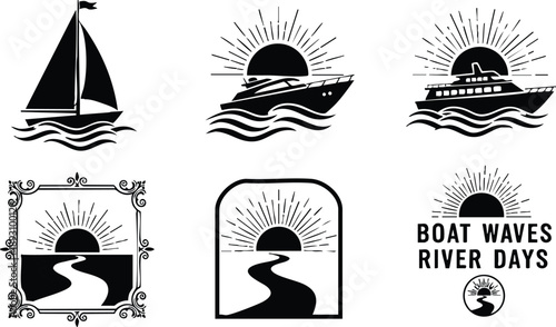 Minimalist vector art of sailboat and motorboats with sun rays above wavy water streams including decorative framed sunrise icons and river themed text logos in black and white style