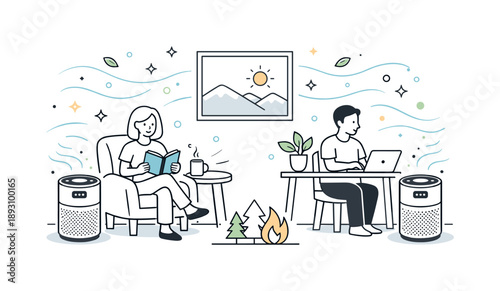 Air Purification Scene. Air purification setup. Portable HEPA air purifiers running in a home, with subtle abstract particles floating around representing