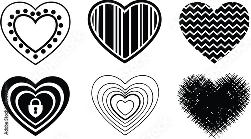 Black and white vector hearts set with various patterns including dotted outline stripes zigzag locked symbol and scratched effect isolated on white background