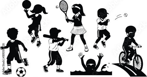 Black silhouette children playing sports including tennis baseball volleyball soccer swimming cycling in active dynamic poses with simple vector art style on white background
