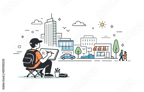 Urban Sketcher Scene. Urban sketchers scene. A minimal cityscape with a sketcher in the foreground capturing buildings and streets. Peaceful creative practice