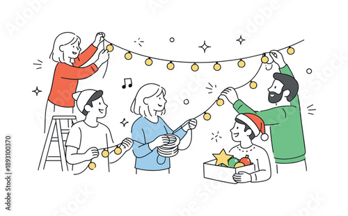 Festive Light Hanging. Festive decorating moment. People reaching up to hang lights, sharing smiles and small tasks. Seasonal warmth and togetherness expressed