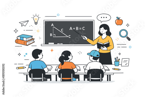 Calm Classroom Scene. School classroom scene. A teacher explaining a lesson at the board while students sit at desks listening attentively. Calm learning