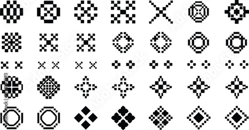 Minimalist black and white pixel art geometric shapes icons set with varied patterns and solid fills arranged in five horizontal rows simple digital design collection