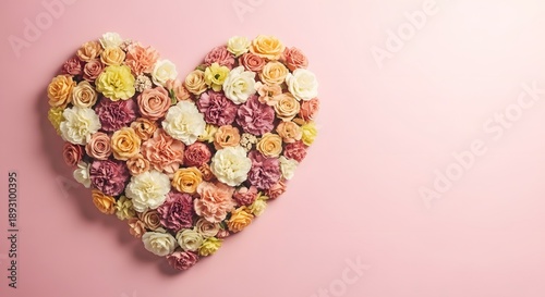 Mother's day heart shaped floral arrangement on pink background