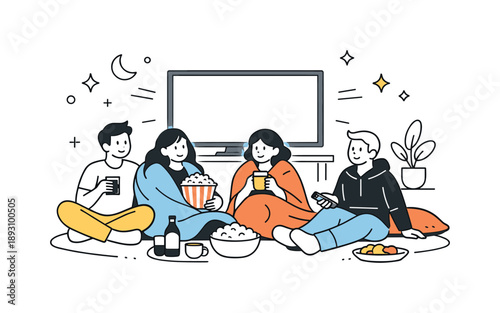 Cozy Movie Night. Home entertainment scene with movie night. Popcorn, blankets, and screen glow highlight a relaxed family or friend group setup. Scene