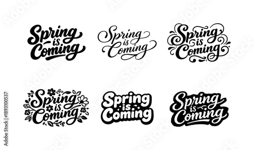 Spring Typography Designs. Spring is coming typography. Set lettering. harmonious lettering variations of the same emblematic concept, each with different