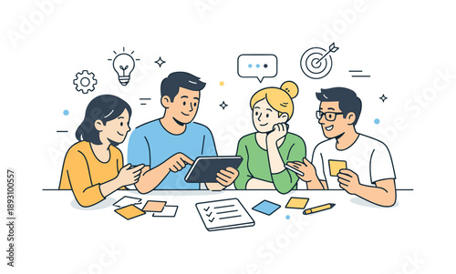 Teamwork Planning Session. Collaborative assignment. A group of people planning steps and exchanging ideas using a tablet and paper notes. Focused teamwork and