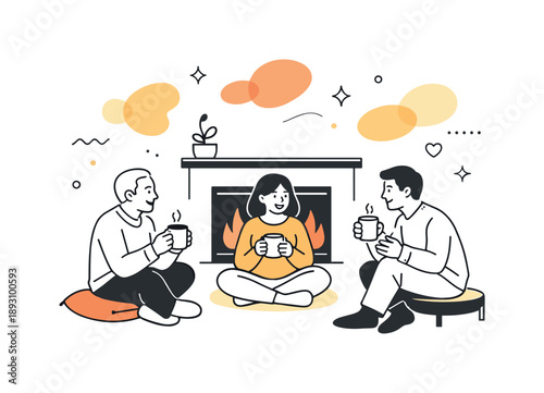 Warm Family Moments. Family gathering. Two or three people sitting near a fireplace, sipping hot drinks and chatting, abstract warm shapes floating around.