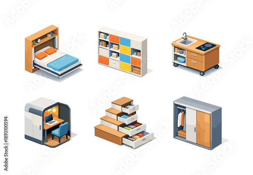 Smart Tiny Furniture Icons. Smart Tiny Furniture. Isometric flat vector icons set of Smart Tiny Furniture: motorized wall bed system, modular storage wall,