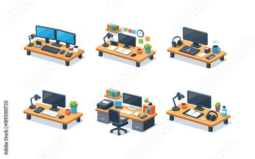 Productivity Workspace Icons. Productive setup. Isometric flat vector icons set of Productive setup: dual monitor desk, productivity workspace desk, task