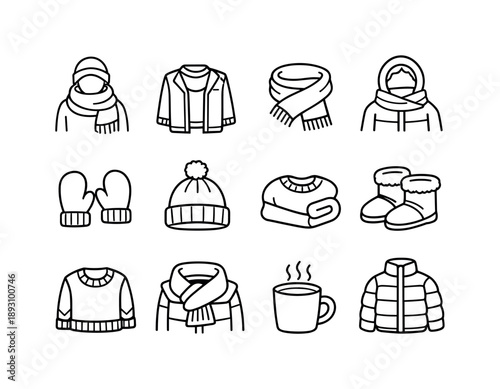 Cozy Winter Wear Icons. Cozy Winter Wear. Line icon set of Cozy Winter Wear: scarf wrapped outfit, winter clothing layers, warm textile accessory, bundled up