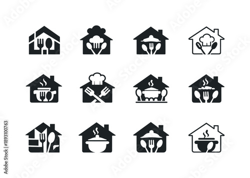 Home Cooking Icons. Cooking at home. Icon set. Set Logo of Cooking at home: homemade meal. harmonious logo variations of the same emblematic concept, each with