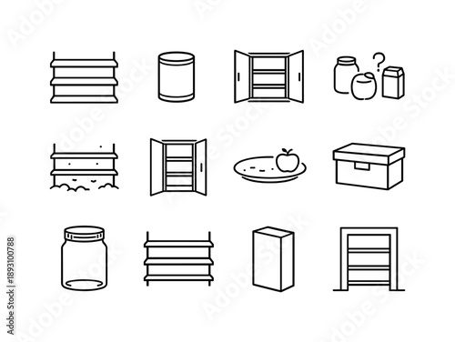 Minimalist Pantry Icons. Bare pantry shelves. Line icon set of Bare pantry shelves: empty shelf, single can, open cabinet, missing items icon, dusty shelf