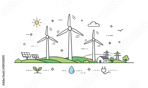 Sustainable Energy Harmony. Wind farms and renewable energy sources. Tall wind turbines rotating slowly in an open landscape, calm sky and clean horizon. The