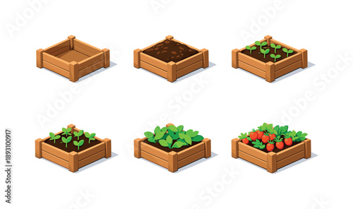 Isometric Plant Growth Stages. Planting. Isometric flat vector icons set of planting: empty planter box, soil-filled planter, planter with sprouts, planter