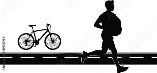 Silhouette of man running carrying backpack beside stationary bicycle on road flat design black and white vector art active lifestyle exercise health concept dynamic motion