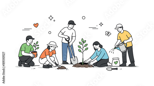 Collaborative Tree Planting. People planting trees. A small group working together to plant young trees in an open space, calm teamwork and light interaction.