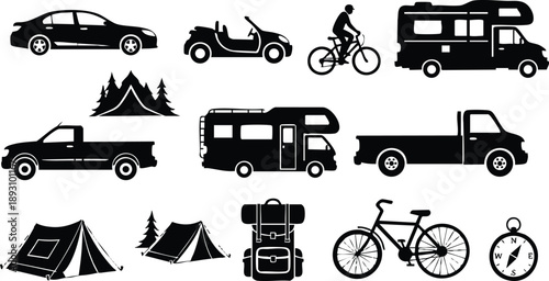 Silhouette car pickup bicycle camper van backpack tent compass camping outdoor travel adventure icons collection in black vector art design