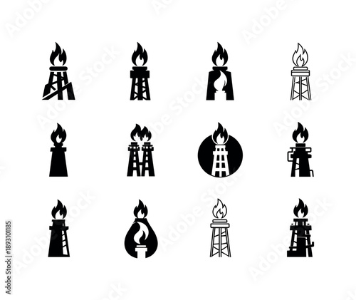 Oil Refinery Icon Set. Oil refinery. Icon set. Set Logo of Oil refinery: refinery flare stack with flame. harmonious logo variations of the same emblematic